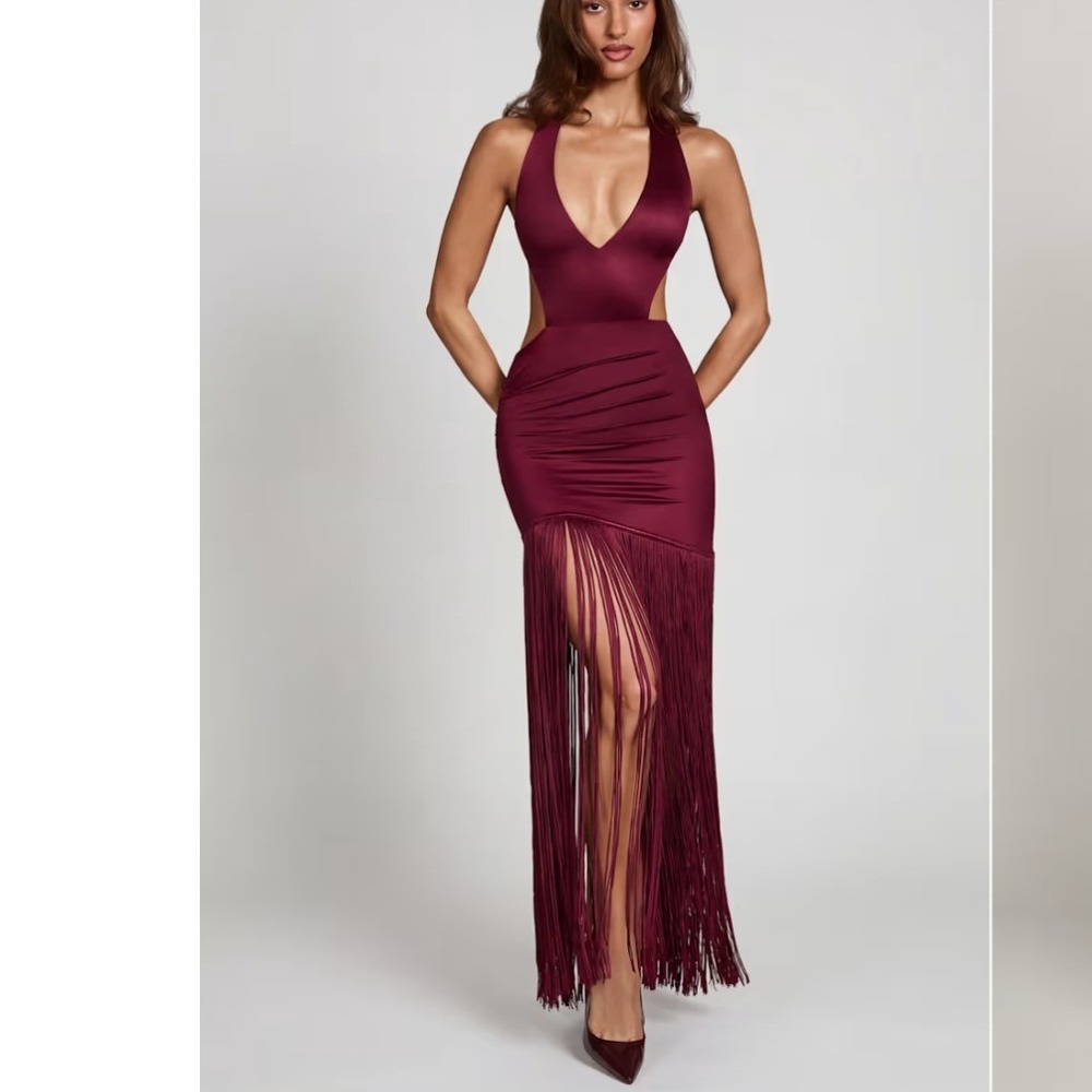 Oh Polly Burgundy Sexy Fringe Mini Dress—knee length 2